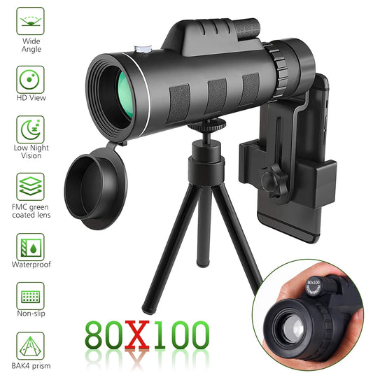 80x100 HD Zoom Monocular Telescope with Tripod for Camping