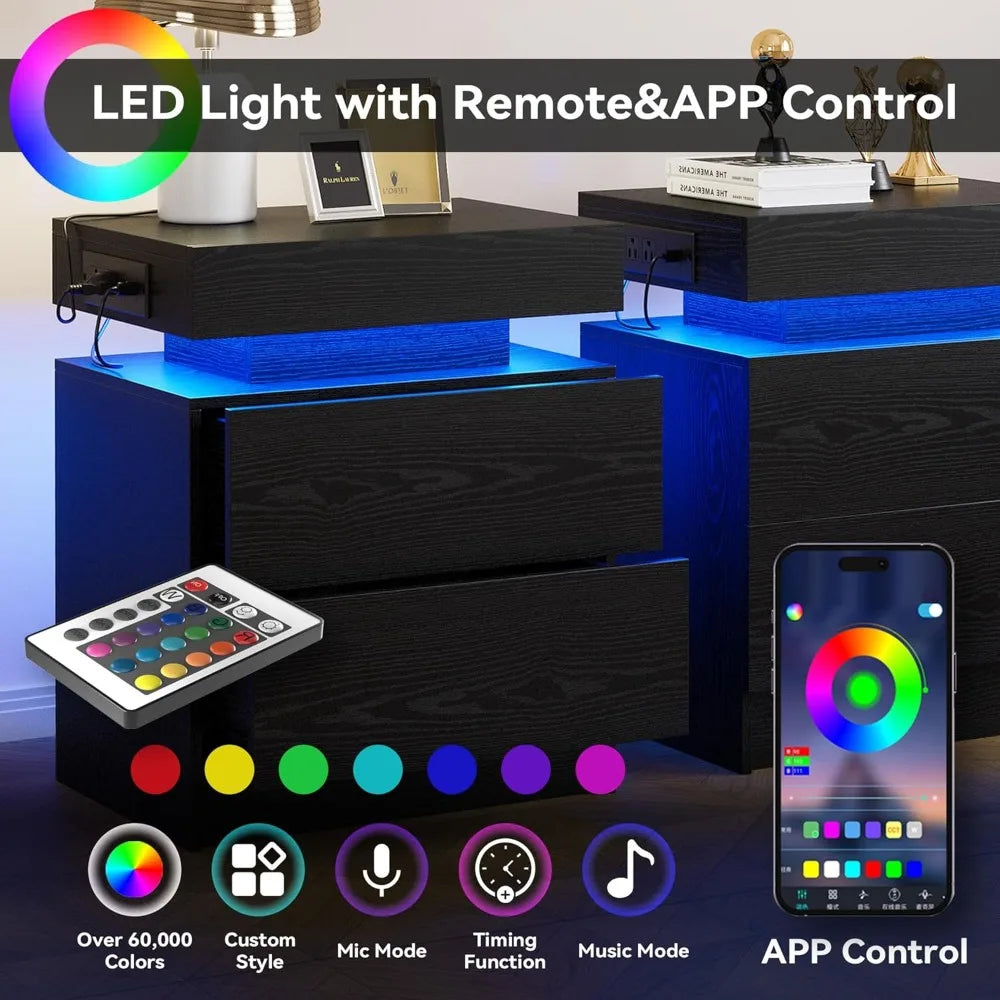 Modern Black Bedside Table with Charging Station and LED Lights