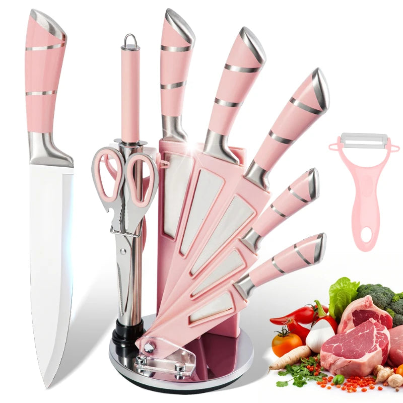 Stainless Steel Kitchen Knife Set 9 Pieces with Sharpener