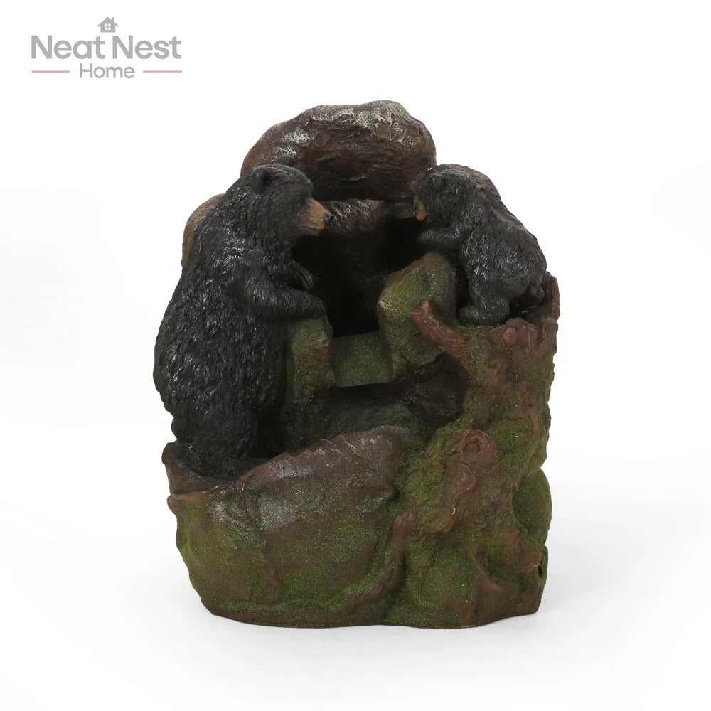 Mother Bear and Cub Climbing Outdoor Waterfall Fountain