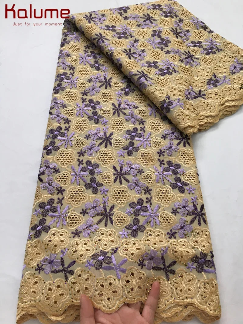 Kalume African Cotton Embroidered Lace Fabric With Stones