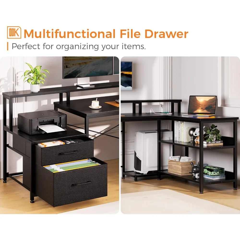 L Shaped Desk with File Drawer and Power Outlet for Home Office