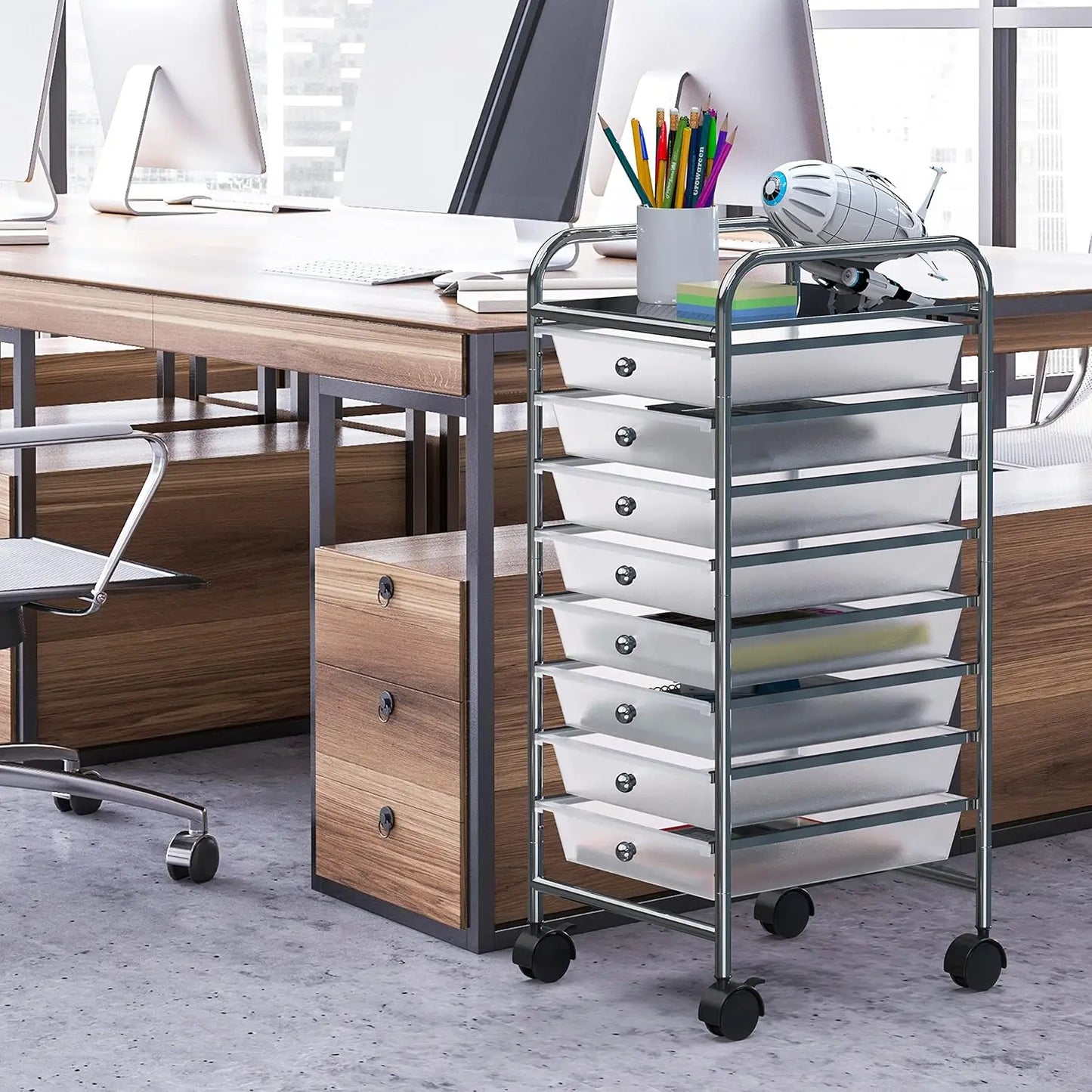 Utility Cart with 8 Drawers Rolling Storage Organizer in Chrome