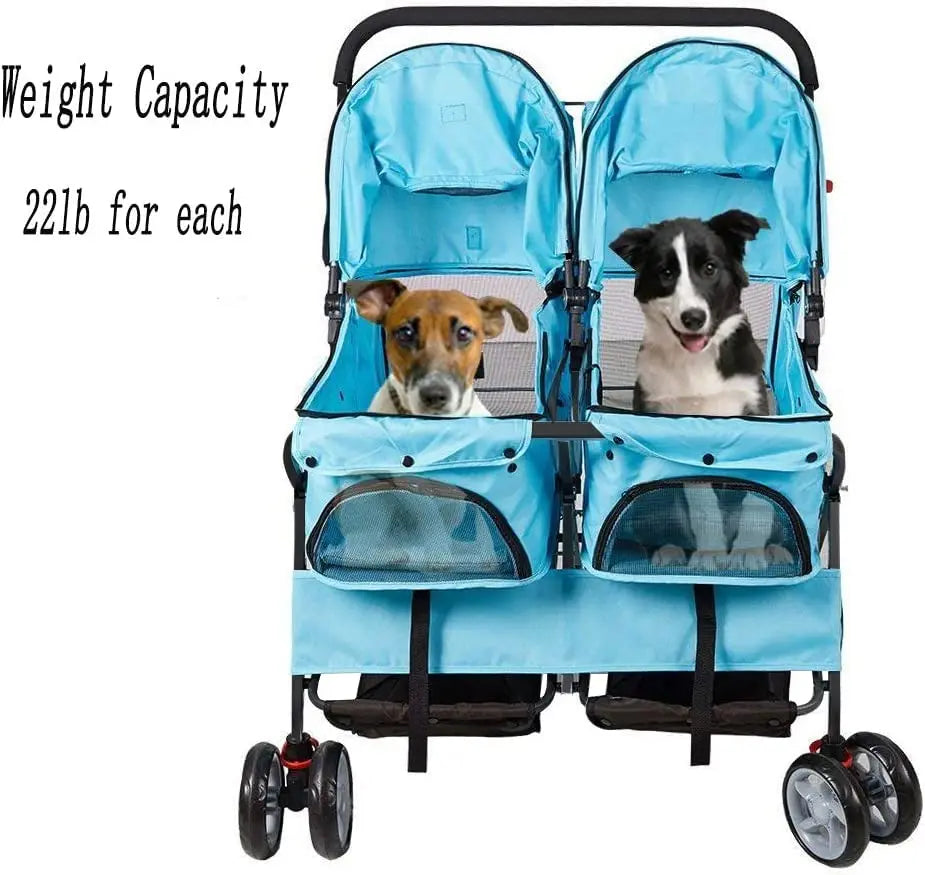Foldable Double Pet Stroller for Dogs and Cats with 4 Wheels