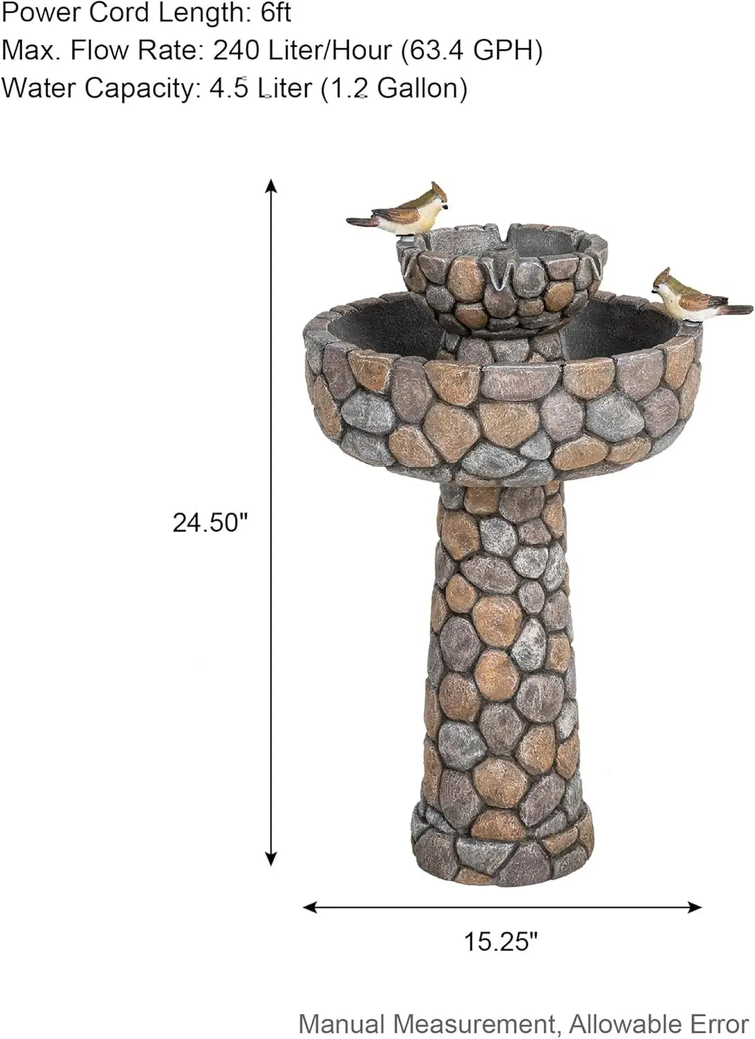 Tier Stone Outdoor Water Fountain with Birds and Bird Bath