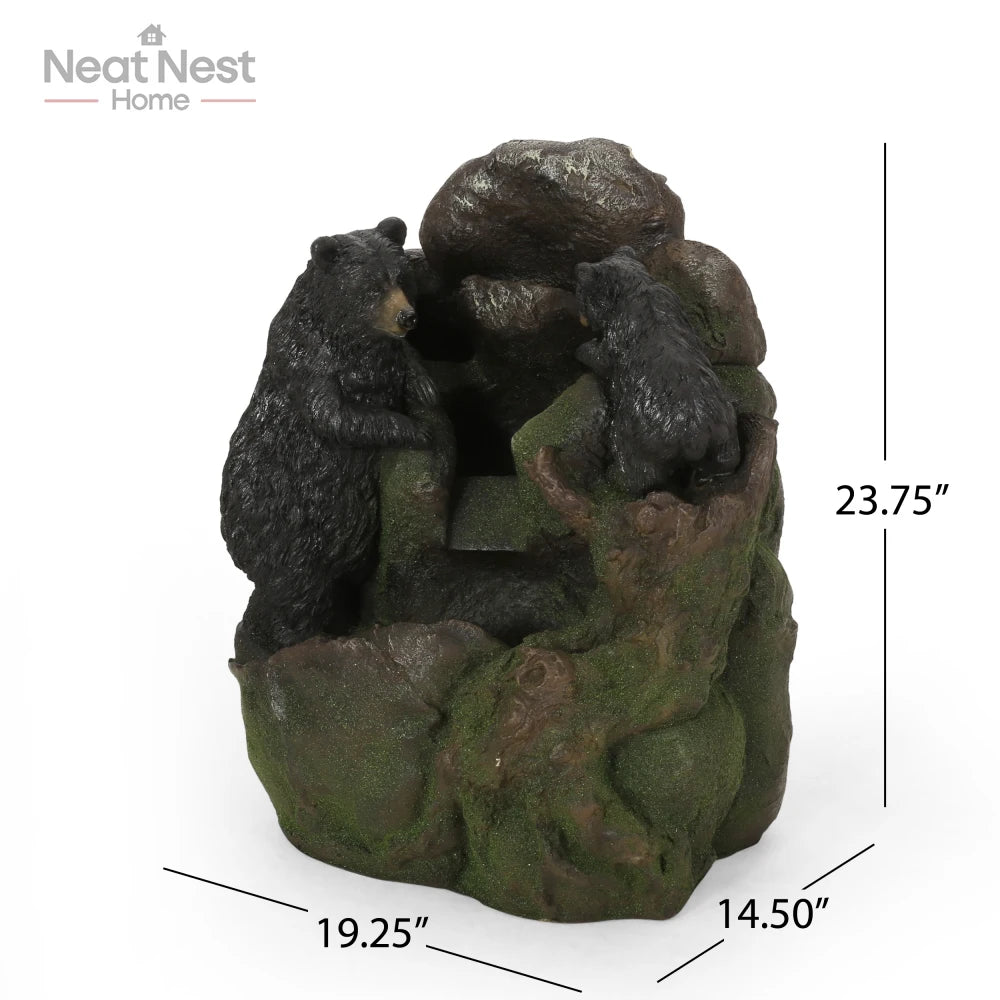 Mother Bear and Cub Climbing Outdoor Waterfall Fountain