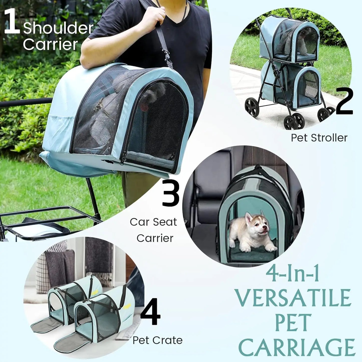 4 in 1 Double Pet Stroller for Dogs and Cats with Detachable Carriers