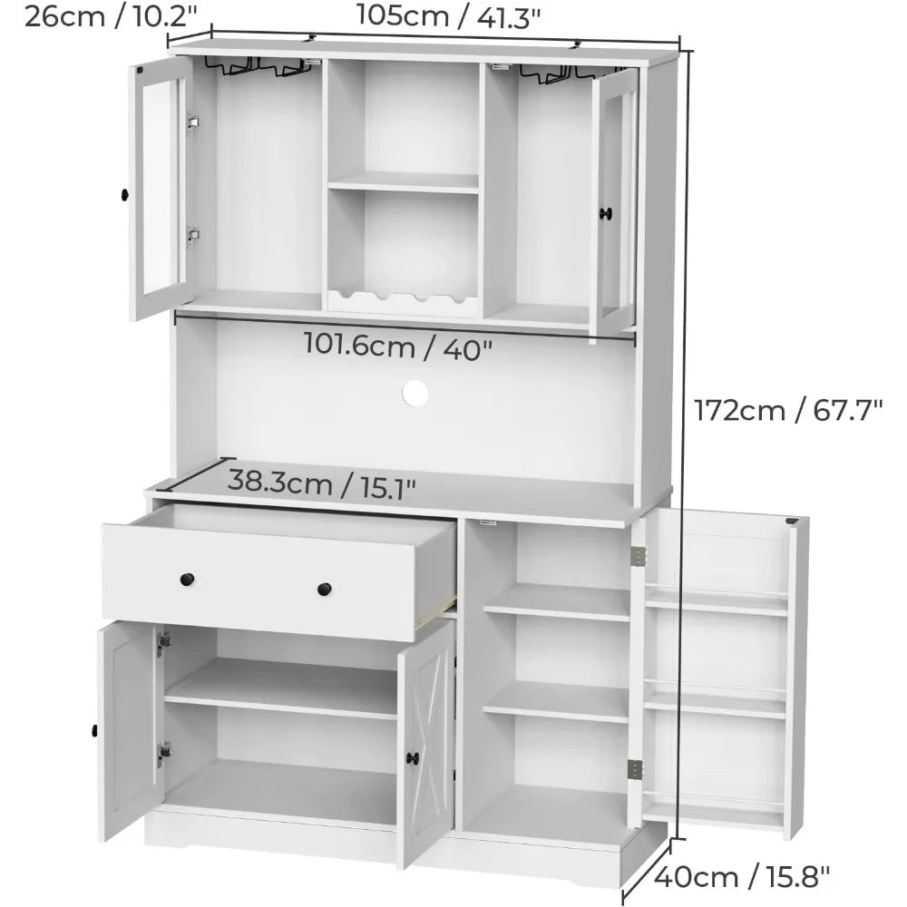 Tall Kitchen Pantry Cabinet with Microwave Stand and Wine Rack