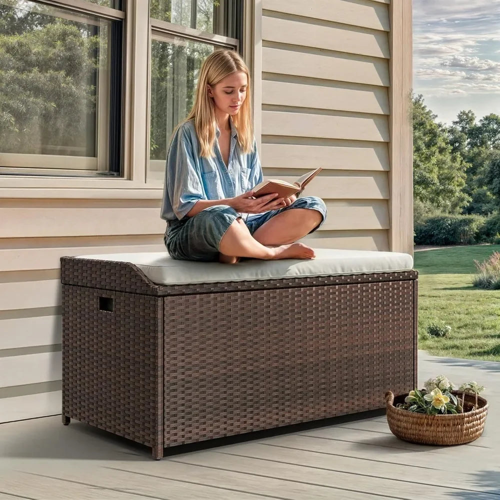 Outdoor Storage Bench 70 Gallon Rattan Patio Box with Cushion