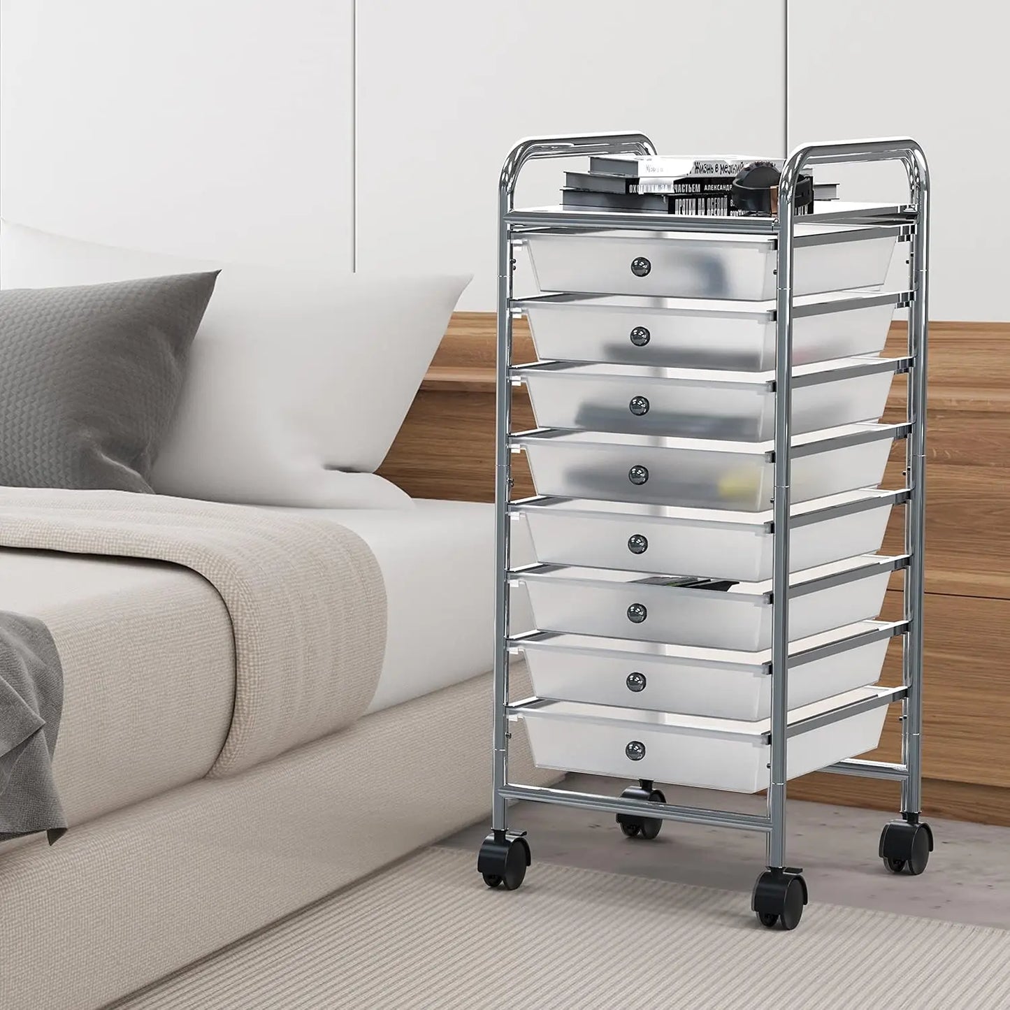 Utility Cart with 8 Drawers Rolling Storage Organizer in Chrome