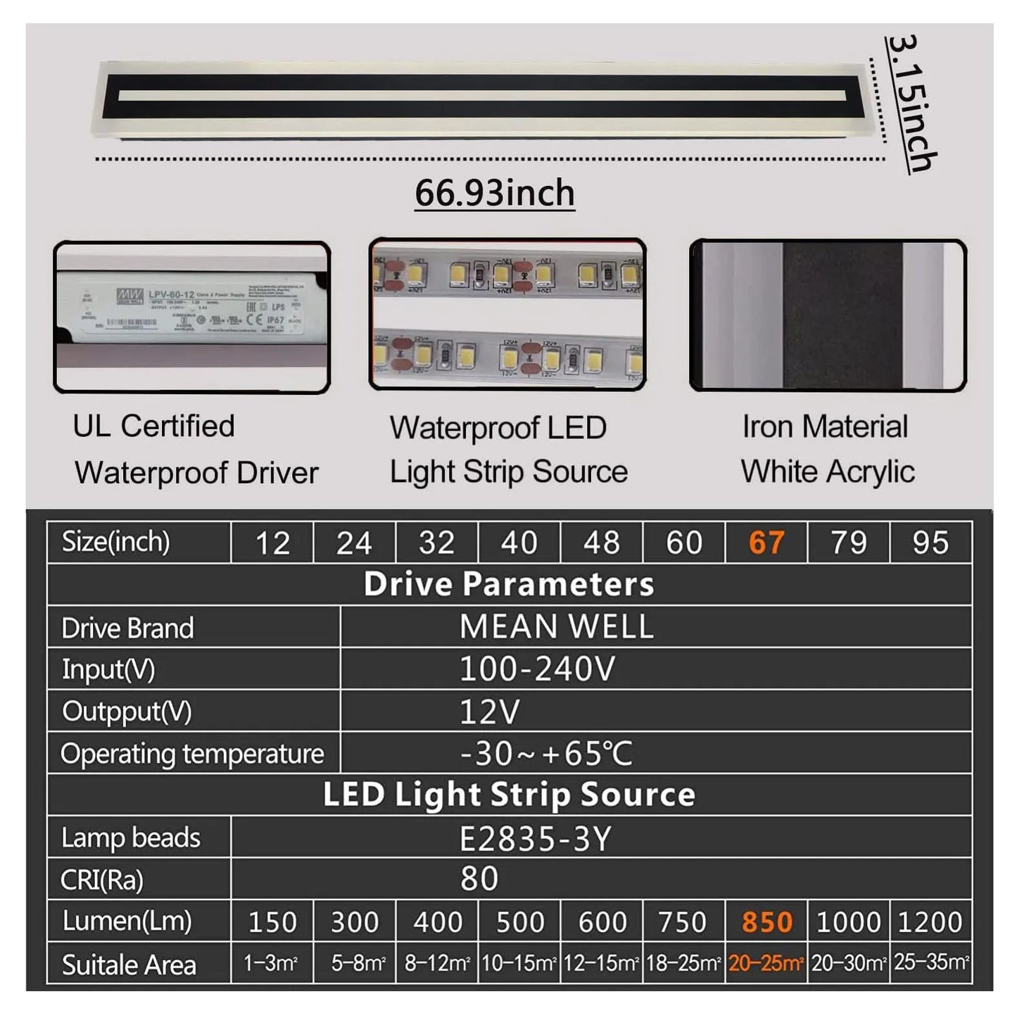 Outdoor Long Strip Modern LED Wall Light Fixture Lamps IP67