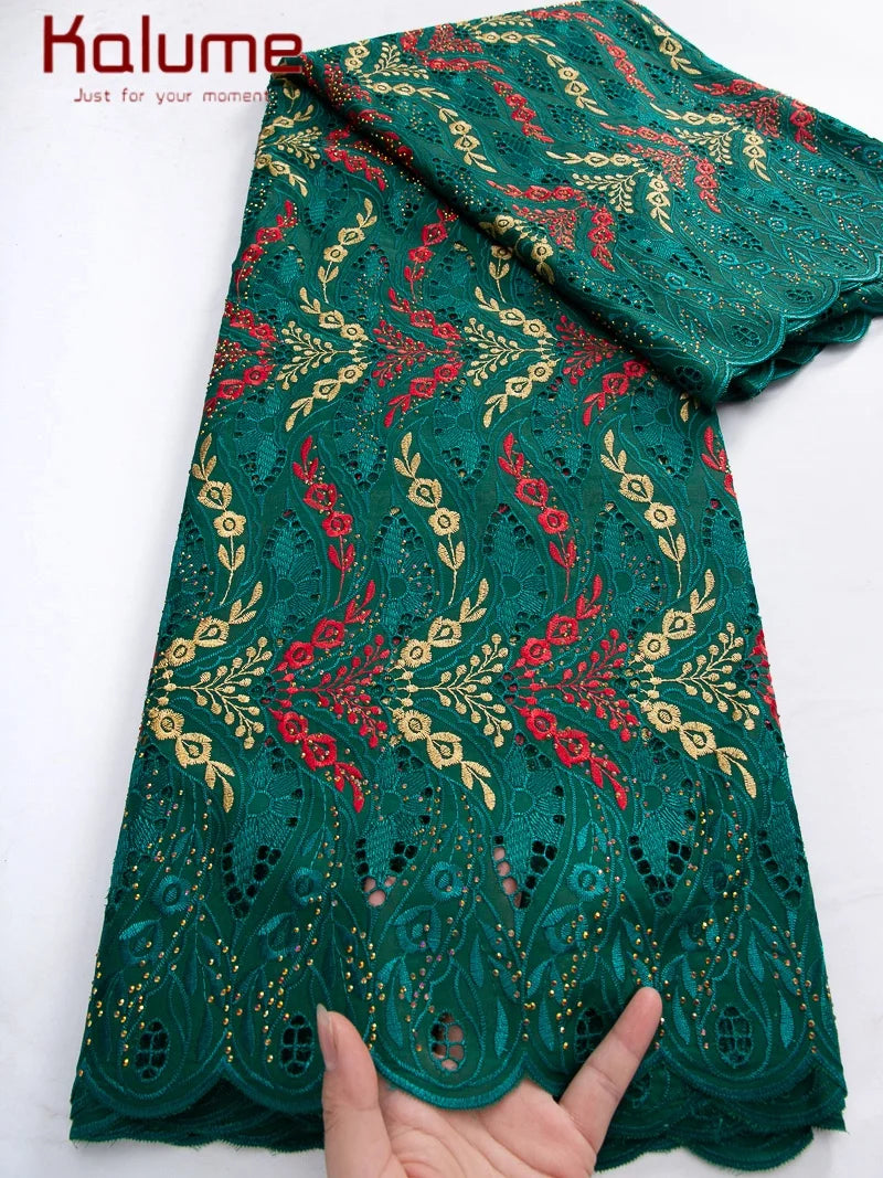 Kalume African Cotton Embroidered Lace Fabric With Stones