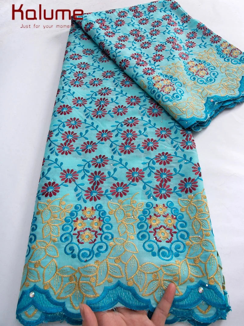 Kalume African Cotton Embroidered Lace Fabric With Stones