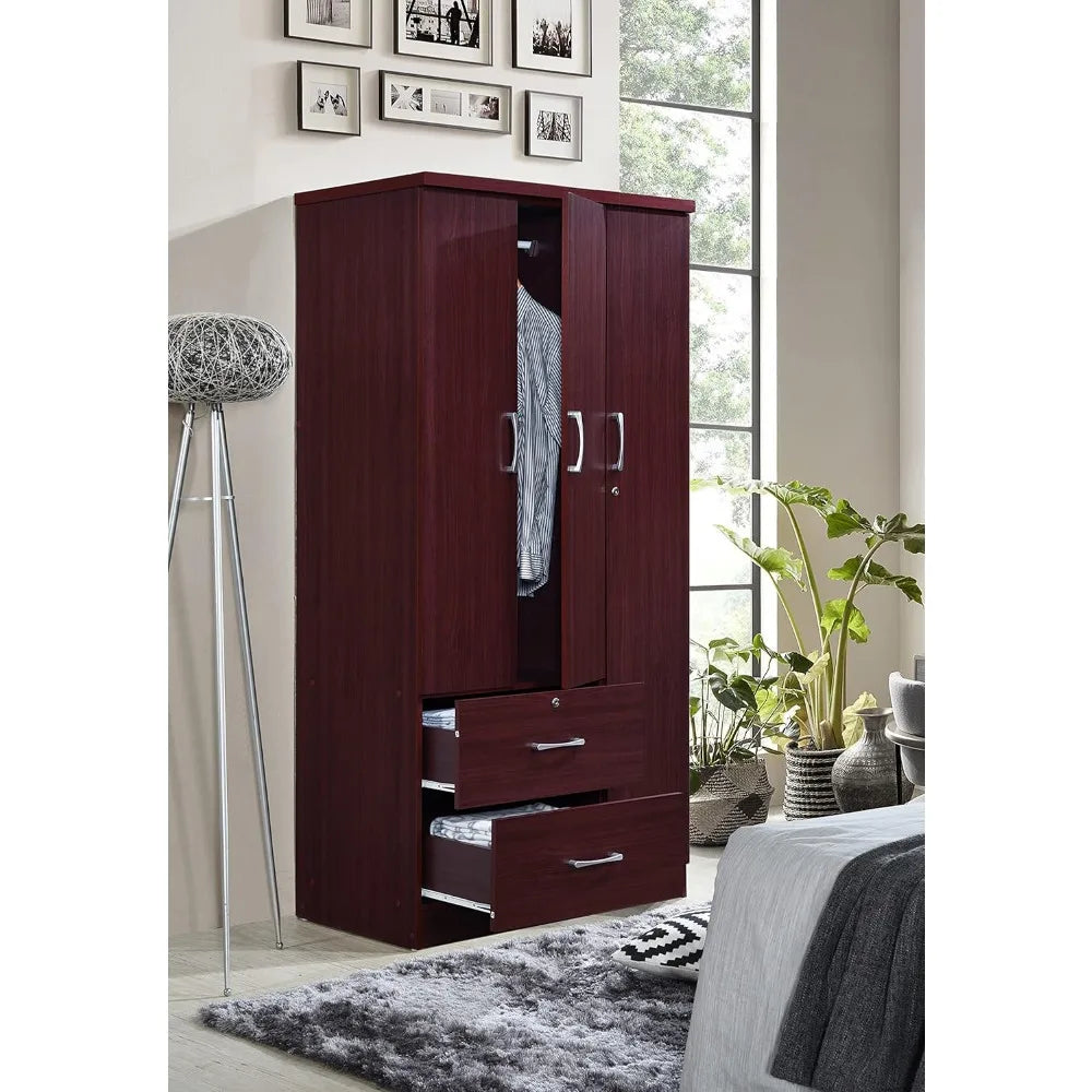Mahogany 3-Door Armoire with 2 Drawers and 3 Shelves