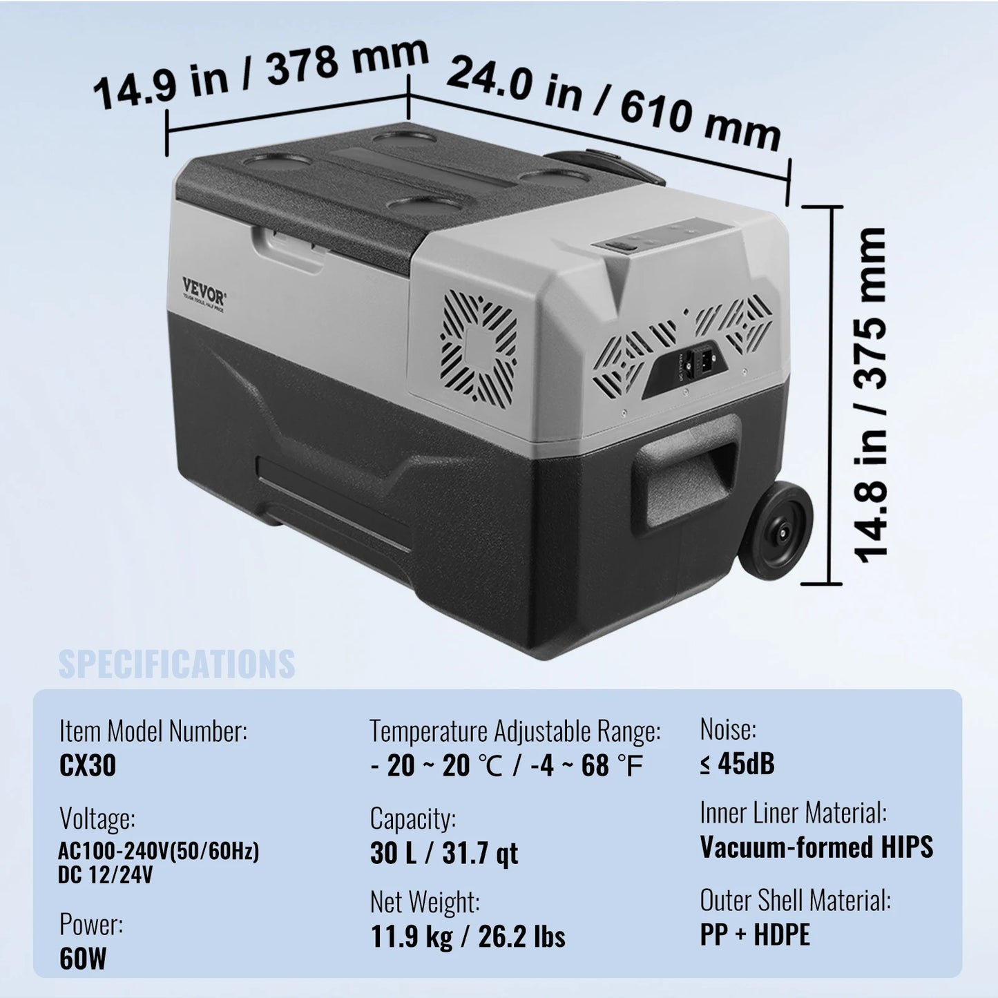 VEVOR 12 Volt 30L Portable Car Refrigerator with Wheels