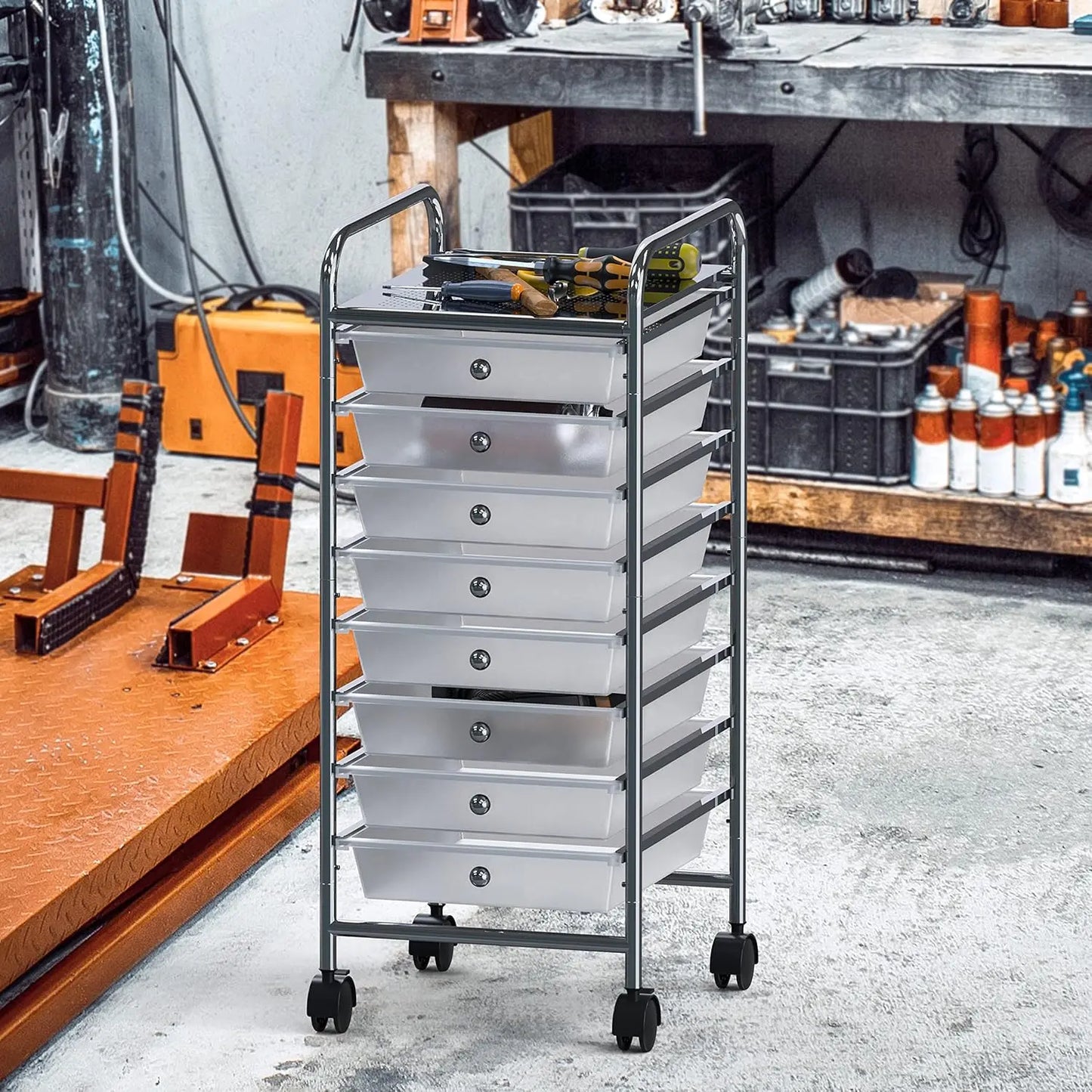 Utility Cart with 8 Drawers Rolling Storage Organizer in Chrome