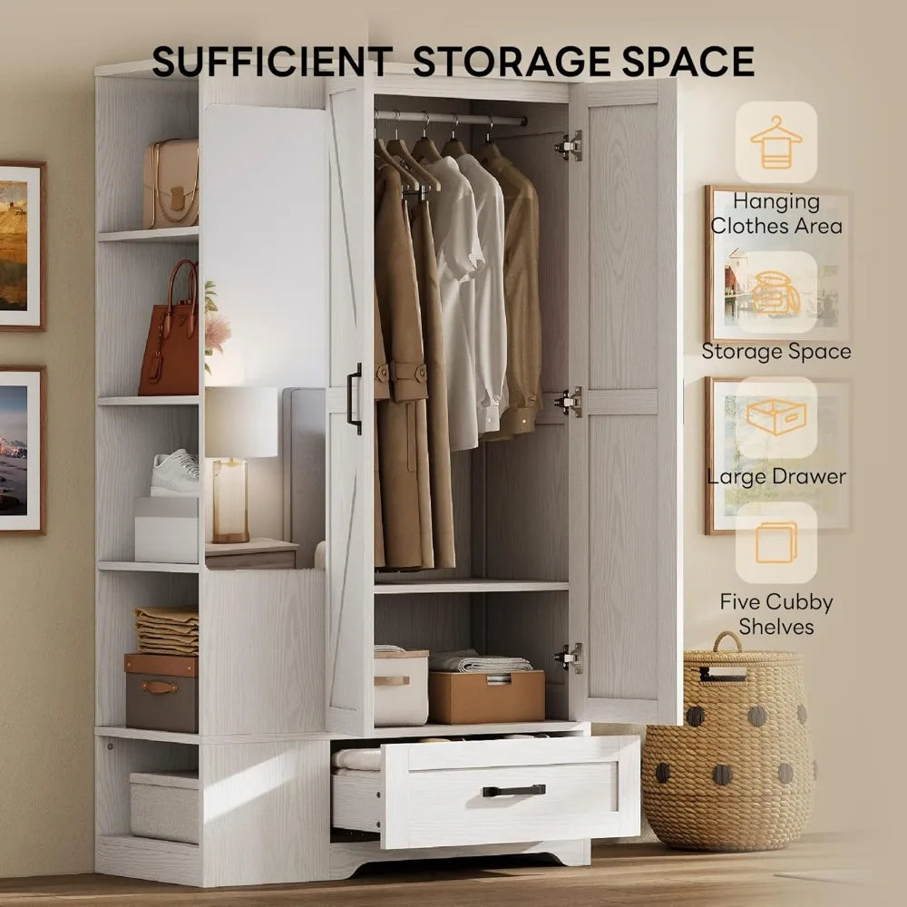 XMSJ Wooden Armoire Wardrobe With Mirror And Drawer