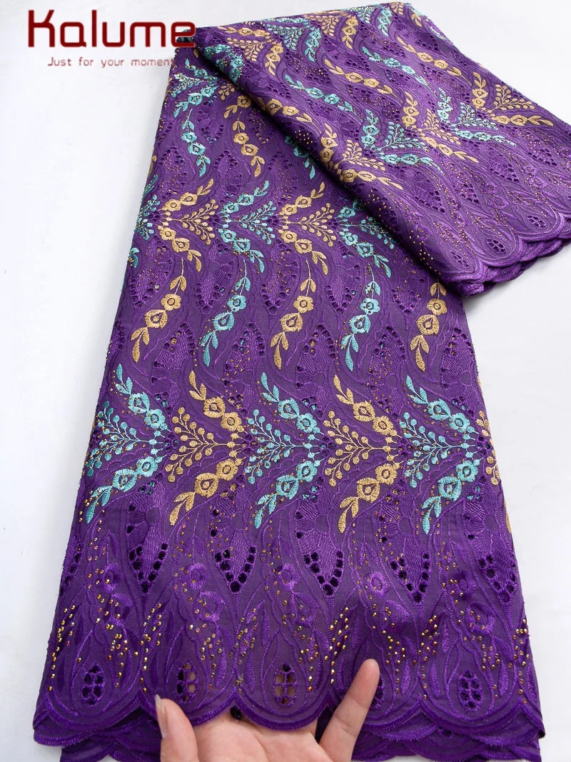 Kalume African Cotton Embroidered Lace Fabric With Stones