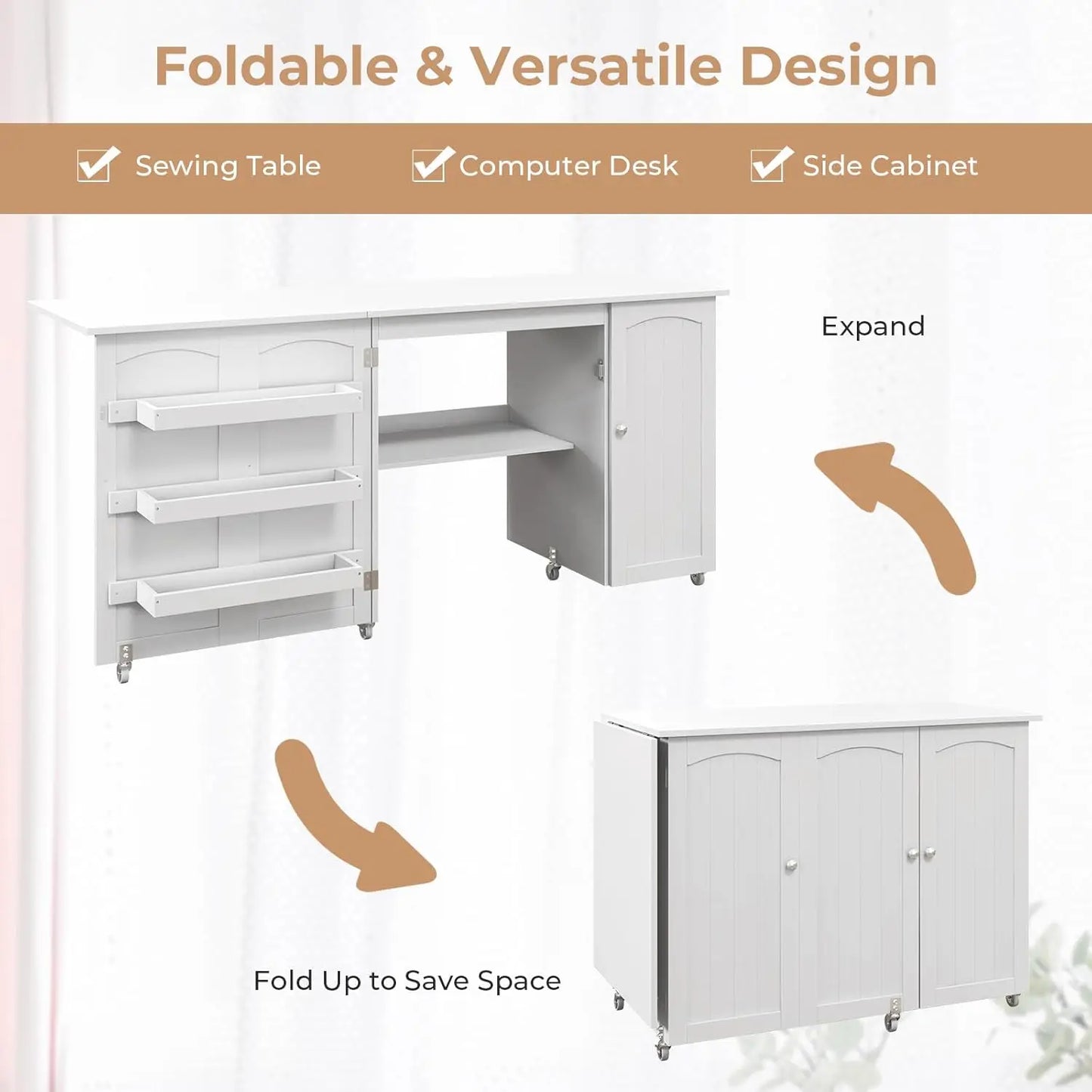 Foldable Sewing Machine Table with Storage and Lockable Casters