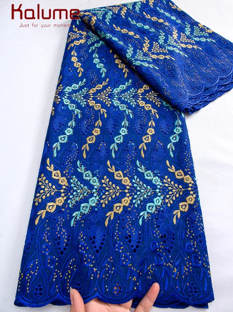 Kalume African Cotton Embroidered Lace Fabric With Stones