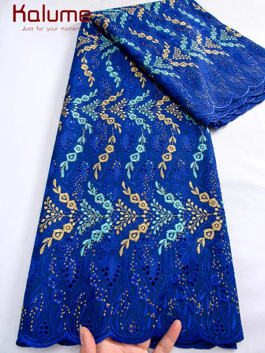 Kalume African Cotton Embroidered Lace Fabric With Stones