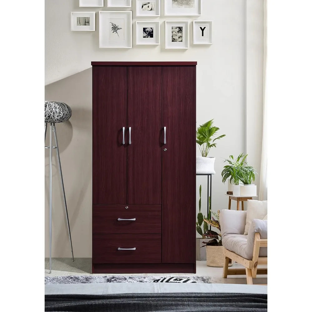 Mahogany 3-Door Armoire with 2 Drawers and 3 Shelves