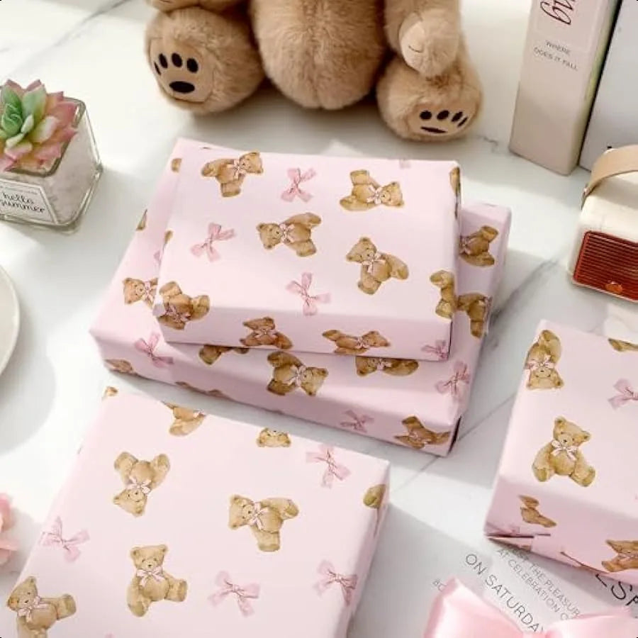 Pink Bow Bear Gift Wrap Paper Mini Roll 17 Inch x 32.8 Ft