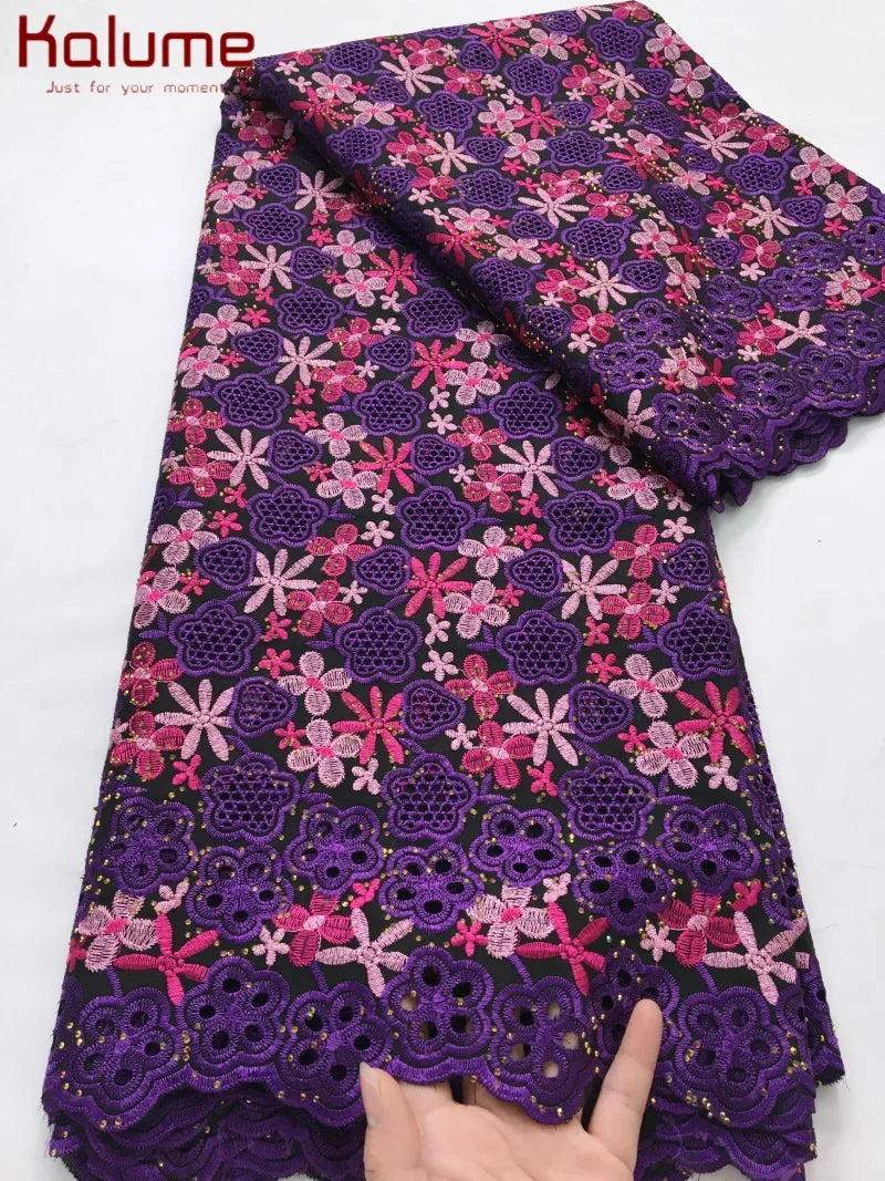 Kalume African Cotton Embroidered Lace Fabric With Stones