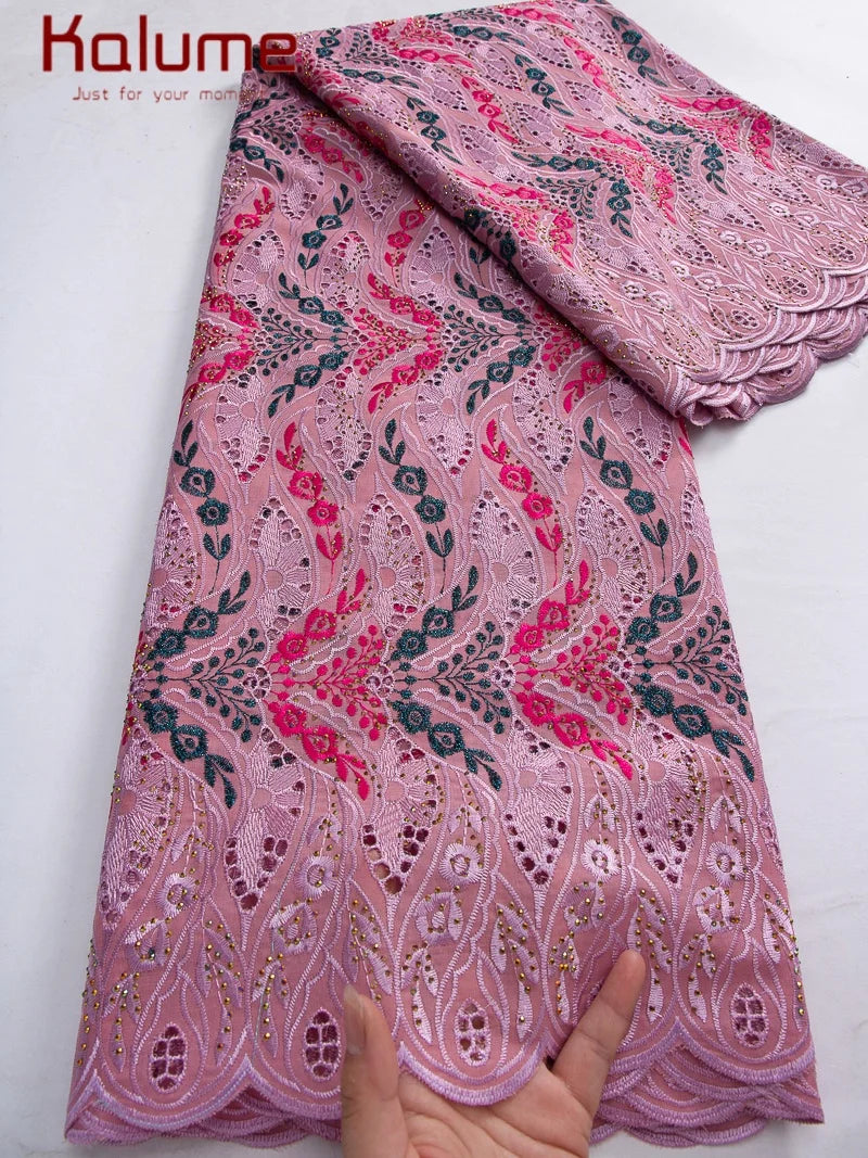 Kalume African Cotton Embroidered Lace Fabric With Stones
