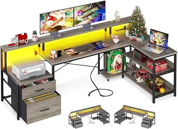L Shaped Desk with File Drawer and Power Outlet for Home Office